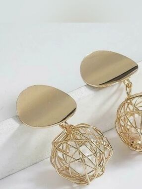 Woven Ball Gold Tone Metal with Faux Pearl Inside Earrings